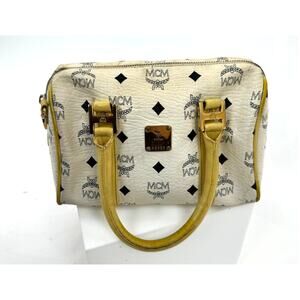 MCM Yellow White Heritage Visetos Leather Mini Boston Top Handle Bag